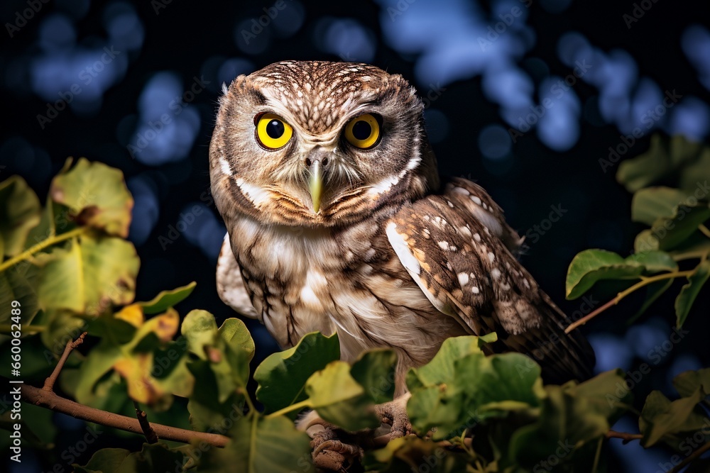boreal owl in autumn leaves, beautiful owl portrait in moonlight at night. boreal owl in autumn leaves, beautiful owl portrait in moonlight at night.