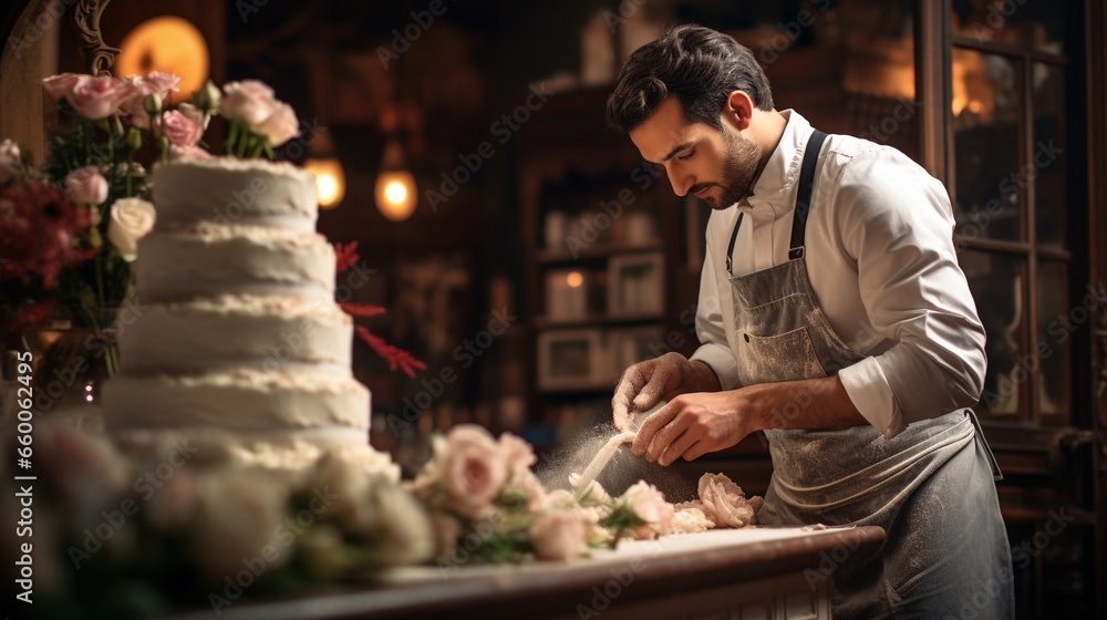 Artisan baker decorating a gorgeous layered wedding cake, delicious cake with fresh cream and frosting preparation on stand, professional pastry master working on details of the cake, with copy space.