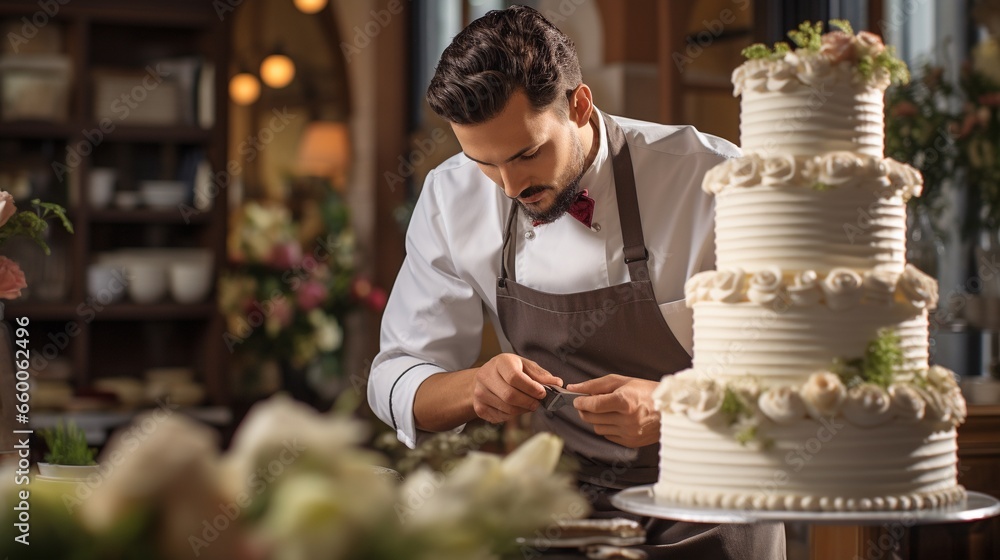Φωτογραφία Artisan baker decorating a gorgeous layered wedding cake, delicious cake with fresh cream and frosting preparation on stand, professional pastry master working on details of the cake, with copy space
