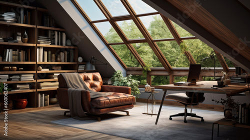 Attic with a built-in desk and a skylight and a leather armchair photo
