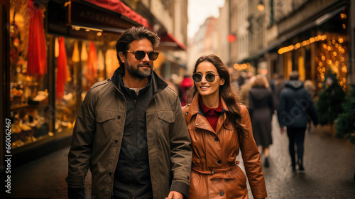 Stylish couple on a trendy shopping street. High-end fashion and urban glamour. 