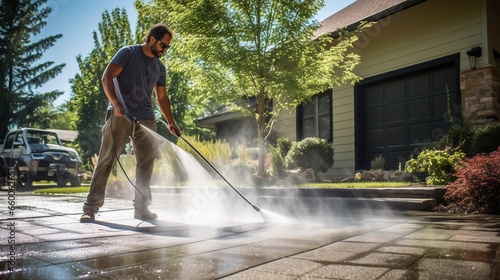 Man using electric powered pressure washer to power wash residential concrete driveway in beautiful and peaceful suburban residential area in morning sunshine. photo