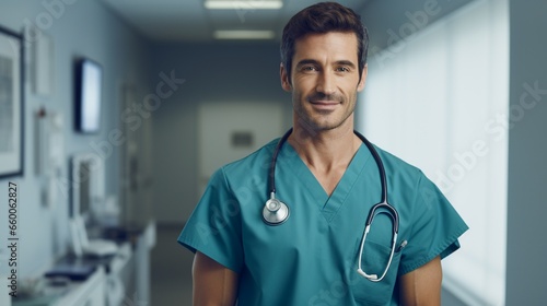 Portrait of a friendly male doctor or nurse wearing blue scrubs uniform and stethoscope, with arms crossed in hospital