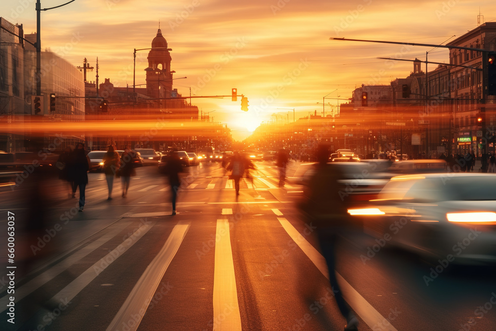 Lots of people walking around the city. Shot of cars and people in movement with motion blur. Blurred image, wide panoramic view of the road with people at sunset.