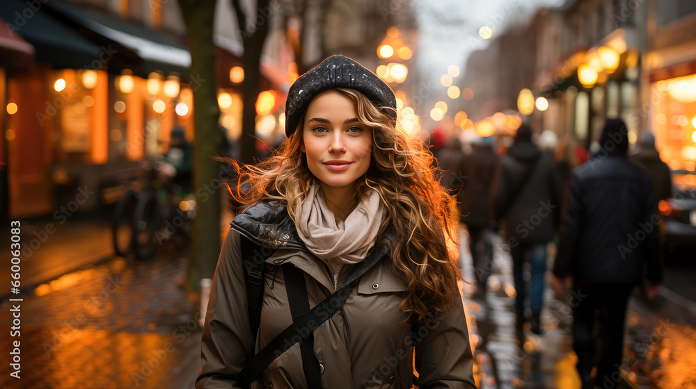 portrait of a woman in the city wearing scarf and jacket
