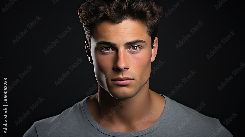 Model with a commanding aura, looking intently at the camera against a rust-colored backdrop. Highlight the intensity of his gaze Model with a commanding aura, looking intently at the camera against a rust-colored backdrop. Highlight the intensity of his gaze