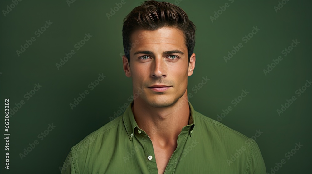 Obraz premium Model, exuding authority and confidence, set against an olive green background. Highlight the sternness in his features