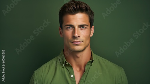 Model  exuding authority and confidence  set against an olive green background. Highlight the sternness in his features