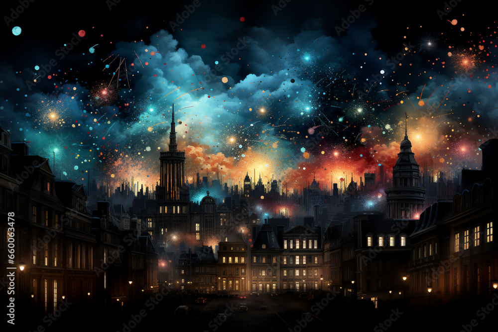 Add a touch of urban charm and celebration to your projects with this stunning illustration of fireworks over a city skyline. Perfect for conveying the spirit of a vibrant event or holiday.