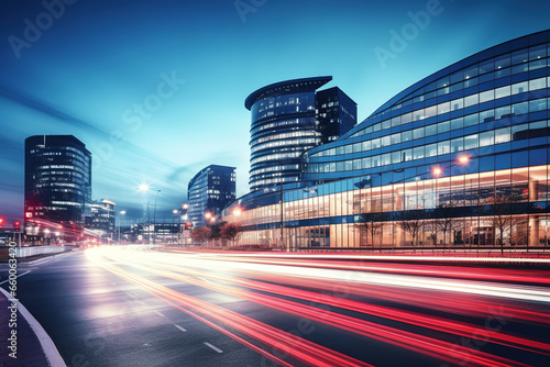 Light trails on the modern building background. Light trails at night in urban environment, Abstract Motion Blur City.