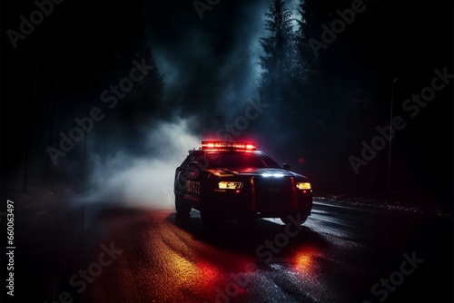 In the dark and misty night, a police car gives chase photo