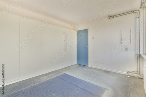 an empty room with white walls and blue flooring on the right side  there is a door in the center of the room