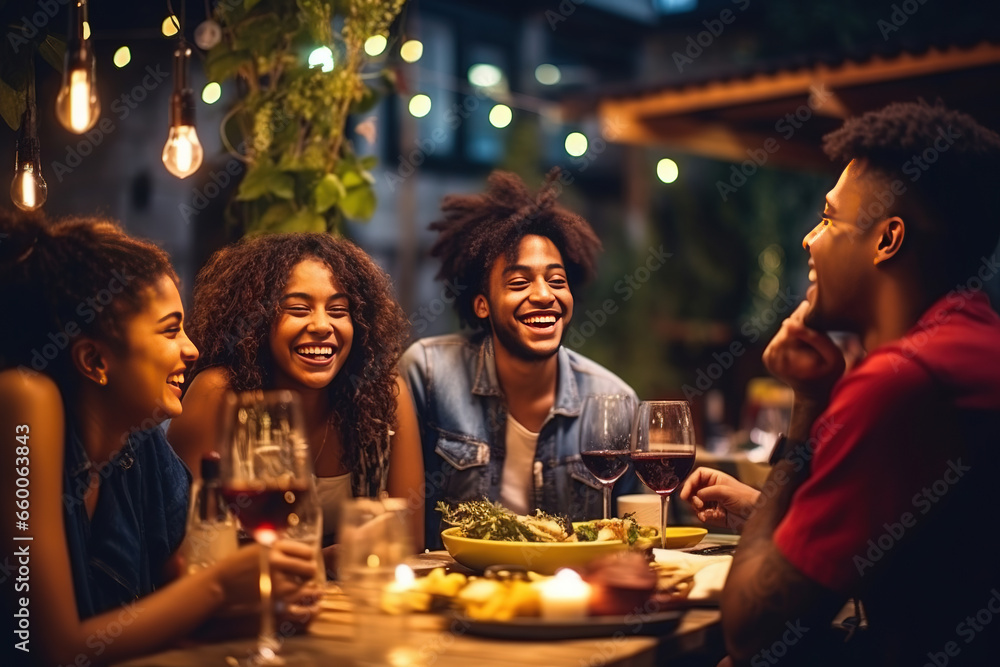 Group of young people having fun drinking red wine on bbq dinner party. Happy multiracial friends eating food at restaurant. Food and drink life style concept - obrazy, fototapety, plakaty 