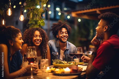 Group of young people having fun drinking red wine on bbq dinner party. Happy multiracial friends eating food at restaurant. Food and drink life style concept