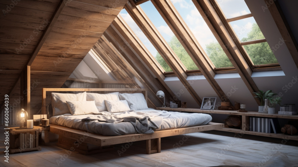Attic with a skylight and a plush daybed and exposed wood beams Attic with a skylight and a plush daybed and exposed wood beams