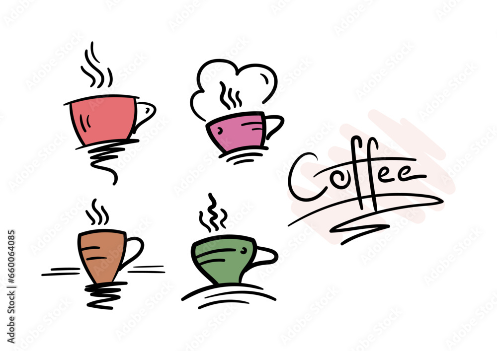 hand drawn colorful coffee, tea cups. hand drawn coffee word. doodle coffee cups