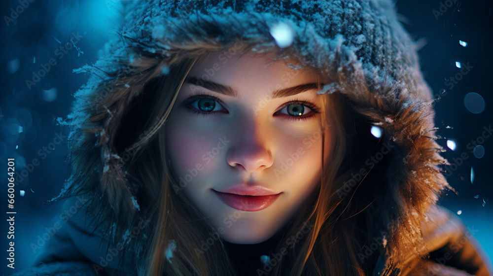 Portrait of pretty young girl in hooded winter coat beneath falling snow, enchants with her expressive gaze and captivating appearance, atmosphere is serene and filled with quiet beauty of winter Portrait of pretty young girl in hooded winter coat beneath falling snow, enchants with her expressive gaze and captivating appearance, atmosphere is serene and filled with quiet beauty of winter