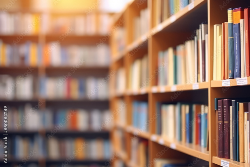 Blurred public library interior. Blurry bookshelves with defocused effect. Generative AI Blurred public library interior. Blurry bookshelves with defocused effect. Generative AI