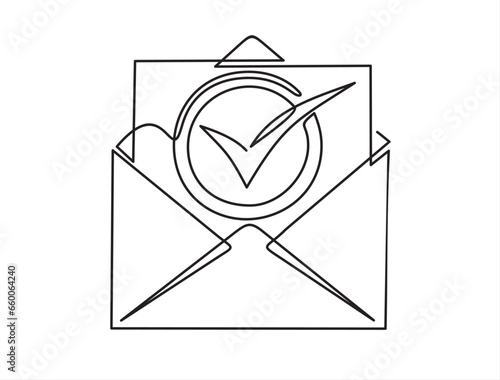 Continuous one line drawing of Opened envelope and document with check mark. Official confirmation message, mail sent successfully, e-mail delivery, verification email. 