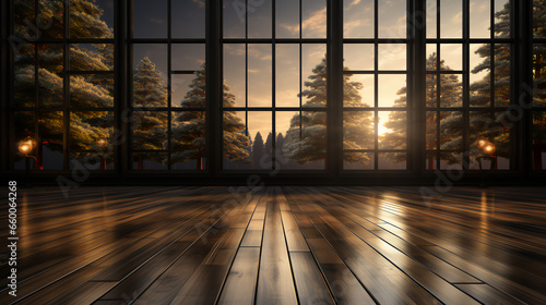 Wood floors - sunset - sunrise - large windows - trees - low angle angle shot - worm   s eye view - empty room - dramatic stylish. - cabin - vacation - holiday - Christmas 