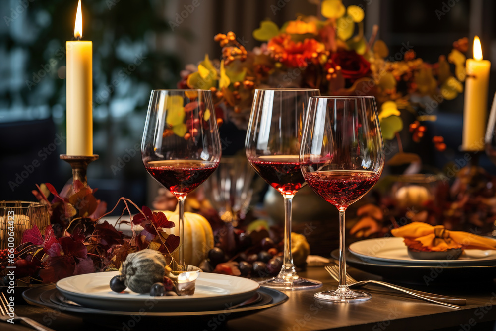 Dining table set up with wineglasses and tableware for an evening Thanksgiving dinner party Dining table set up with wineglasses and tableware for an evening Thanksgiving dinner party