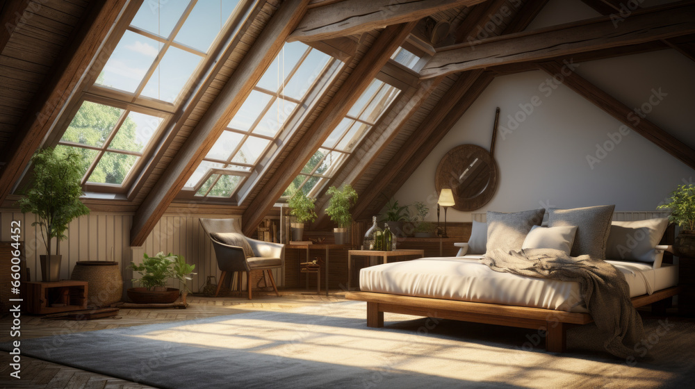 Attic with a skylight and a plush daybed and exposed wood beams Attic with a skylight and a plush daybed and exposed wood beams