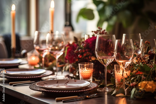 Dining table set up with wineglasses and tableware for an evening Thanksgiving dinner party