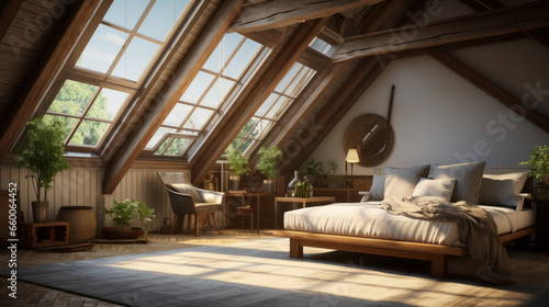 Attic with a skylight and a plush daybed and exposed wood beams