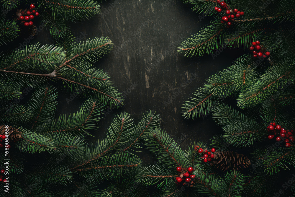 Fir tree branches background. Christmas wallpaper concept. Generative AI