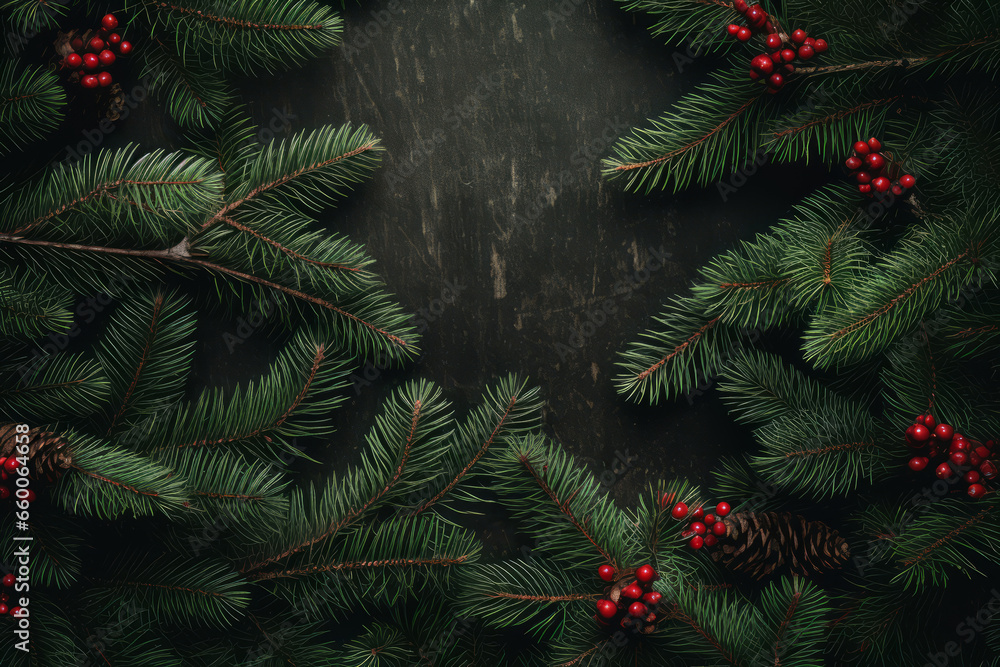 Fir tree branches background. Christmas wallpaper concept. Generative AI Fir tree branches background. Christmas wallpaper concept. Generative AI