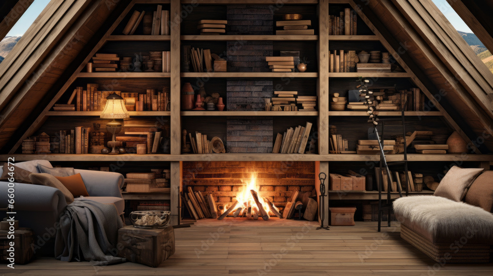 Attic with a wood-burning fireplace and a rustic bench and a wall of bookshelves Attic with a wood-burning fireplace and a rustic bench and a wall of bookshelves