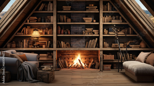 Attic with a wood-burning fireplace and a rustic bench and a wall of bookshelves
