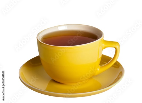 Yellow cup of mint tea on a white background