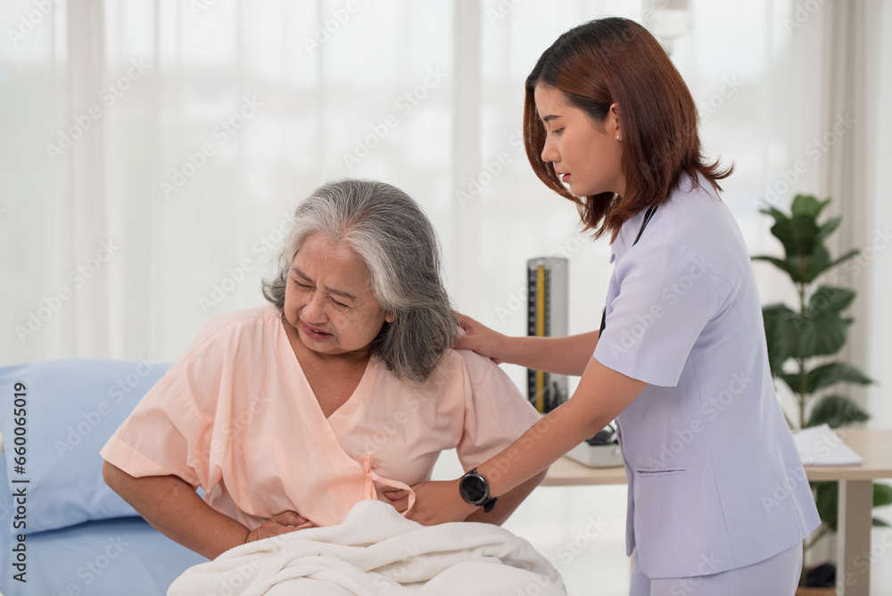 Fototapeta premium Asian nurse helping a senior Asian female patient with stomach ache on a bed in hospital