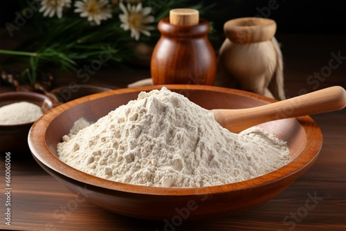 Nutrient rich psyllium husk flour in a wooden bowl, promoting health photo