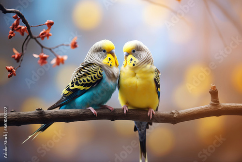 Couple of romantic blue budgies birds on a branch. Love or friendship concept © hdesert
