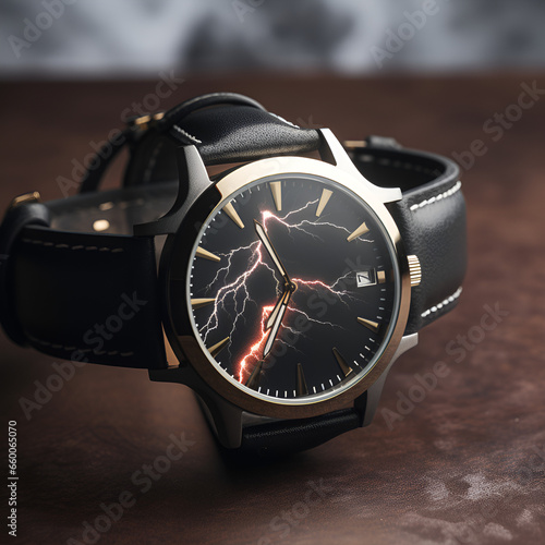 A leather watch with a lightning bolt dial looks cool and elegant. Generative AI