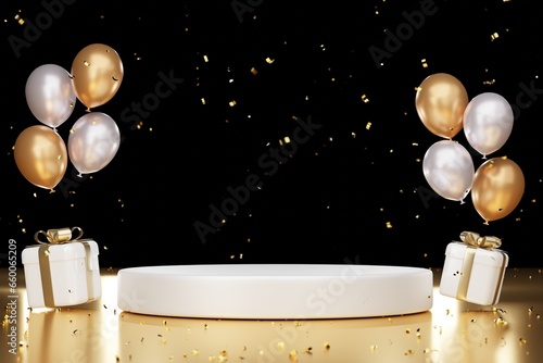 Gold confetti with award podium. 3D illustration rendered.