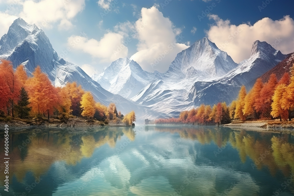 autumn landscape with autumn trees and majestic mountains. Beautiful panorama of the autumn foliage in the lake with beautiful reflection.