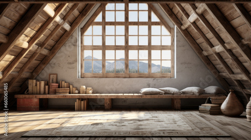 Attic with an area rug and a rustic wooden bench and a wall of windows 