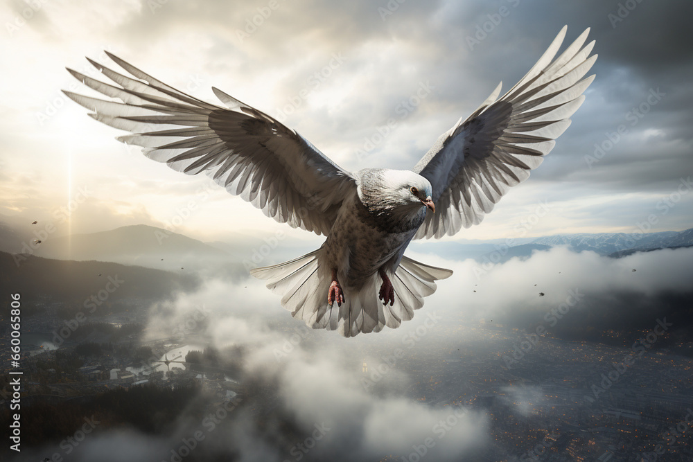 Photograph two pigeons soaring above the clouds, their wings creating elegant shapes against the fluffy white backdrop, conveying a sense of elevation and majesty. - obrazy, fototapety, plakaty 