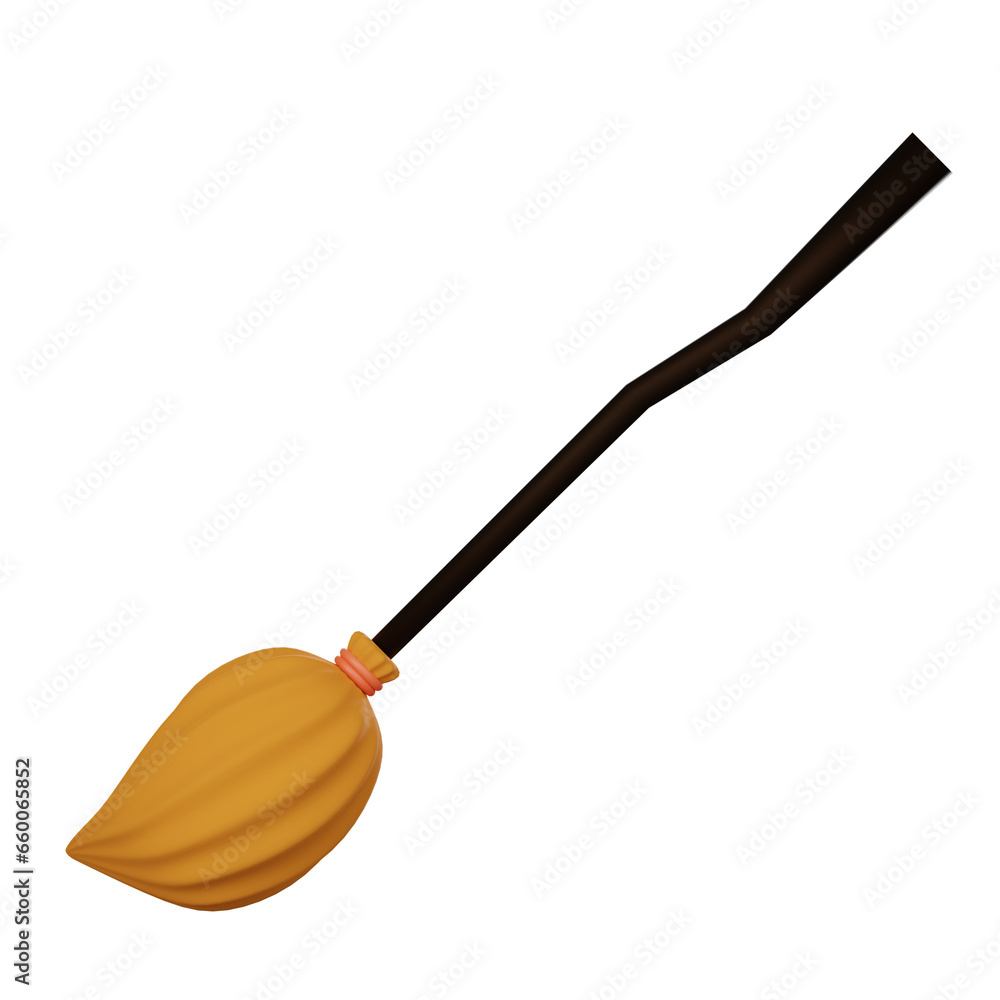 Cartoon broom with a black stick isolated on white background with traditional decorative element for Helloween. 3D illustration render. Cartoon broom with a black stick isolated on white background with traditional decorative element for Helloween. 3D illustration render.