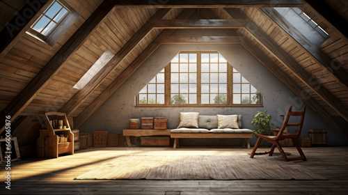 Attic with exposed beams and a large skylight and a seating area
