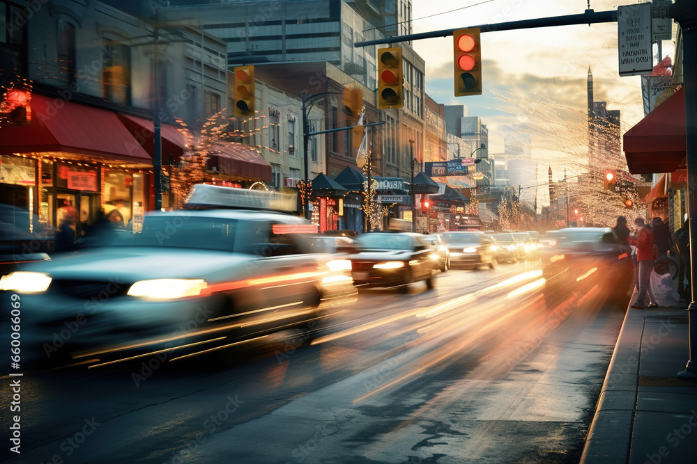Cars in movement with motion blur. A crowded street scene in downtown