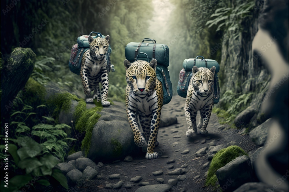 in a world of anthropomorphic animals wearing jackets and backpacks hiking up a steep cliff trail in the jungle photo realistic award winning reality  - obrazy, fototapety, plakaty 
