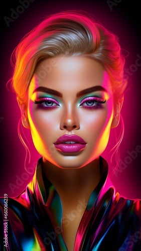 Generative AI neon light Beautiful supermodel face pictures
