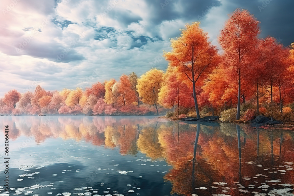 Obraz premium autumn landscape with autumn trees and majestic mountains. Beautiful panorama of the autumn foliage in the lake with beautiful reflection.