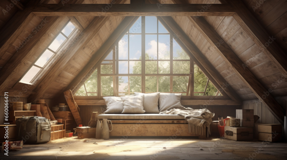 Attic with exposed rafters and a cozy window seat and a skylight 