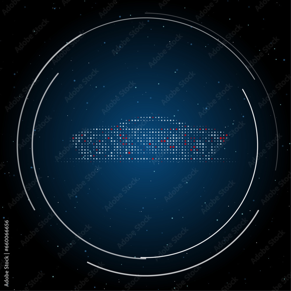 The future car symbol filled with white dots. Pointillism style. Some dots is red. Vector illustration on blue background with stars The future car symbol filled with white dots. Pointillism style. Some dots is red. Vector illustration on blue background with stars