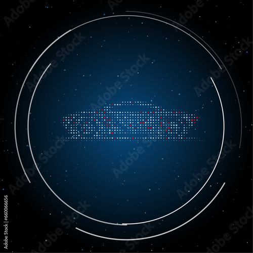 The future car symbol filled with white dots. Pointillism style. Some dots is red. Vector illustration on blue background with stars